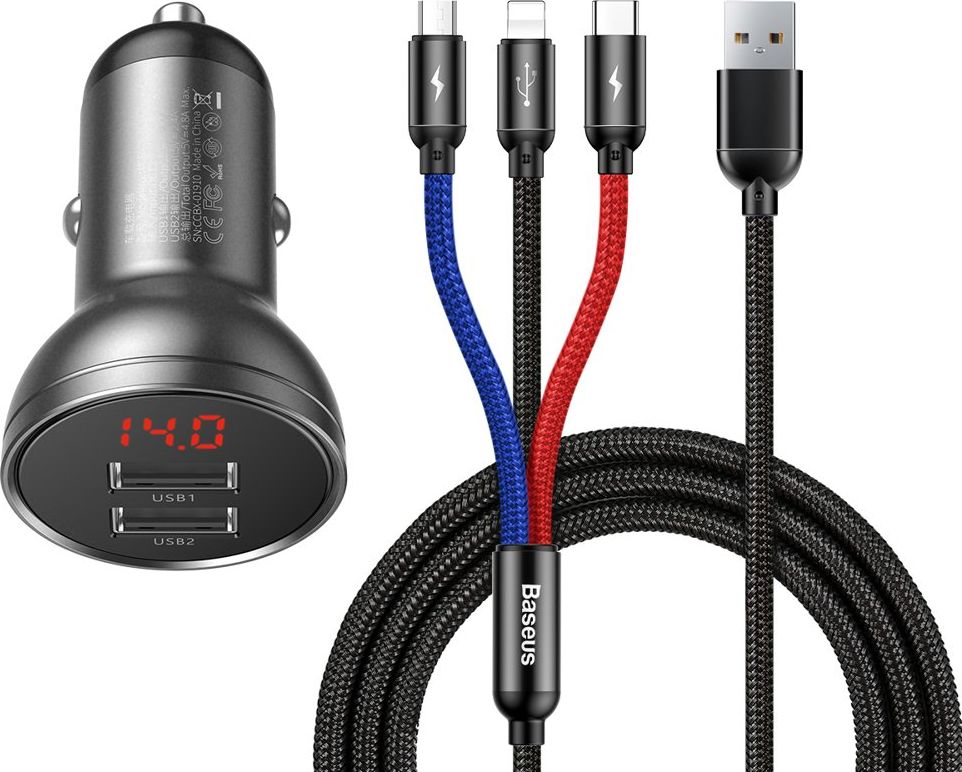 Baseus car charger with 24W display + USB 3in1 Baseus Three Primary Colors 1.2m cable iekārtas lādētājs