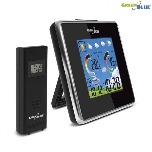 GreenBlue Wireless weather station IN/OUT temperature humidity barmoter USB charger GB145 black barometrs, termometrs