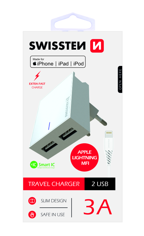 Swissten MFI Premium Apple Sertificēts Tīkla Lādētājs USB 3А / 15W Ar Lightning (MD818) vadu 1.2m Balts iekārtas lādētājs