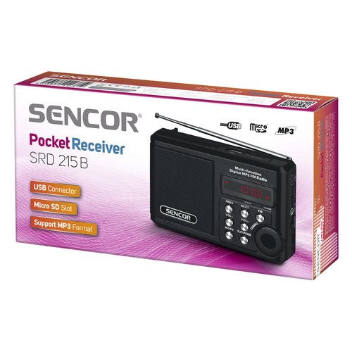 Sencor SRD 215 B POCKET RADIO WITH MP3,USB,SD CARD SLOT LITHIUM BATTERY radio, radiopulksteņi