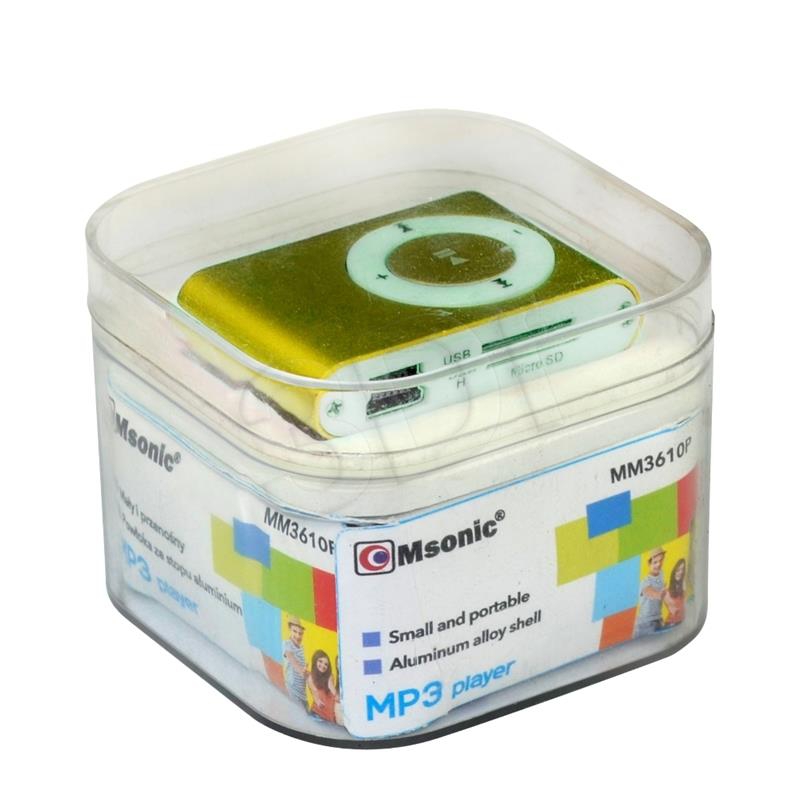 MSONIC MP3 Player with card reader, earphones, miniUSB cable, aluminum Yellow/Green MP3 atskaņotājs