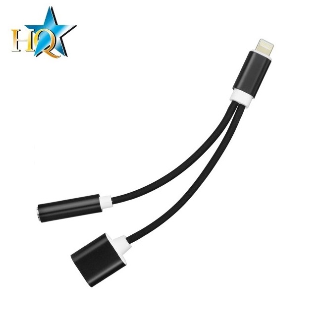 HQ Adapter Lightning uz 3.5mm Audio Austiņu Ligzdas Adapteris + Type-C Ligzda Uzlādes ligzda (OEM) Melns aksesuārs mobilajiem telefoniem
