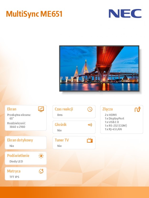 MultiSync ME651 65' UHD 400cd/m2 18/7 publiskie, komerciālie info ekrāni