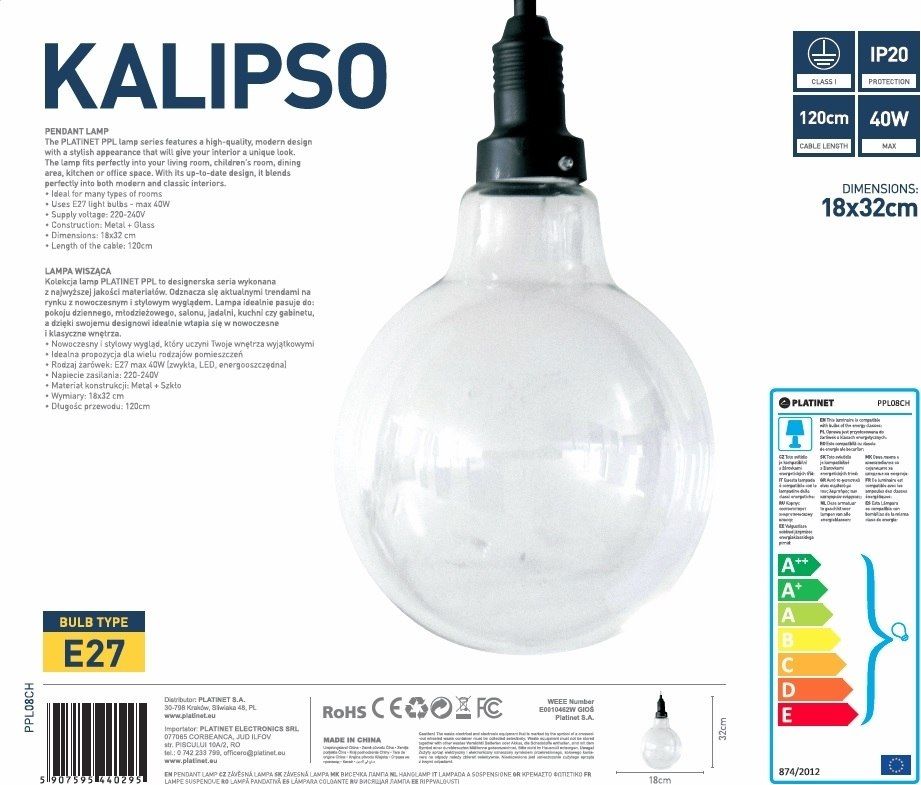 Platinet PPL08CH Pendant Lampa Kalipso Caurspīdīga apgaismes ķermenis