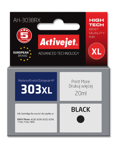 Ink ActiveJet AH-303BRX for HP printer; replacement 303XL T6N04AE; premium; 20ml; black kārtridžs