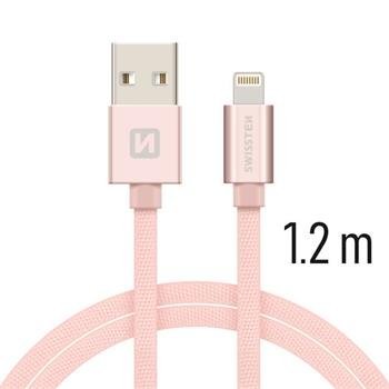 Swissten Textile Fast Charge 3A Lightning (MD818ZM/A) Datu un Uzlādes Kabelis 1.2m Rozā aksesuārs mobilajiem telefoniem