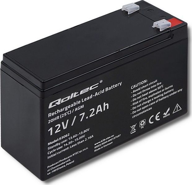 Qoltec 53062 AGM battery | 12V | 7.2 Ah | max 108A Baterija