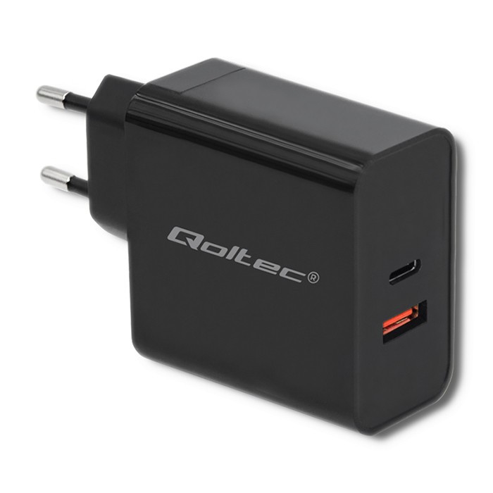 Qoltec 51716 Charger | 63W | 5-20V | 1.5-3A | USB type C PD | USB QC 3.0 | Black iekārtas lādētājs