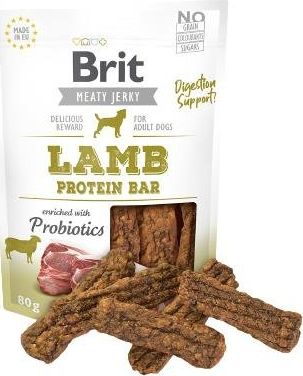 Brit BRIT MEATY JERKY Suszone Mieso Lamb Protein Bar JAGNIECINA 80g BRIT-JERKY-08-80 (8595602543700) kaķu barība