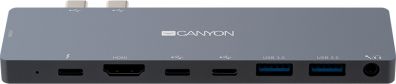 CANYON DS-8 Multiport Docking Station with 8 port, 1*Type C PD100W+2*Type C data+2*HDMI+2*USB3.0+1*Audio. Input 100-240V, Output USB-C PD100 USB centrmezgli