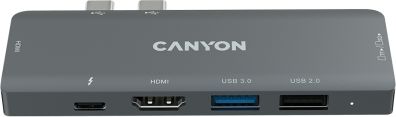 Canyon DS-05B Multiport Docking Station with 7 port, 1*Type C PD100W+2*HDMI+1*USB3.0+1*USB2.0+1*SD+1*TF. Input 100-240V, Output USB-C PD100W USB centrmezgli