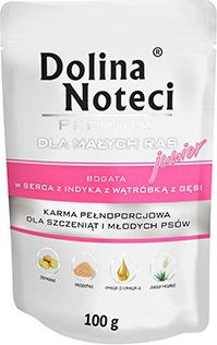 Dolina Noteci PREMIUM JUNIOR MALE RASY SERCA Z INDYKA Z WATROBKA Z GESI 100g 84234 (5902921300991) barība suņiem