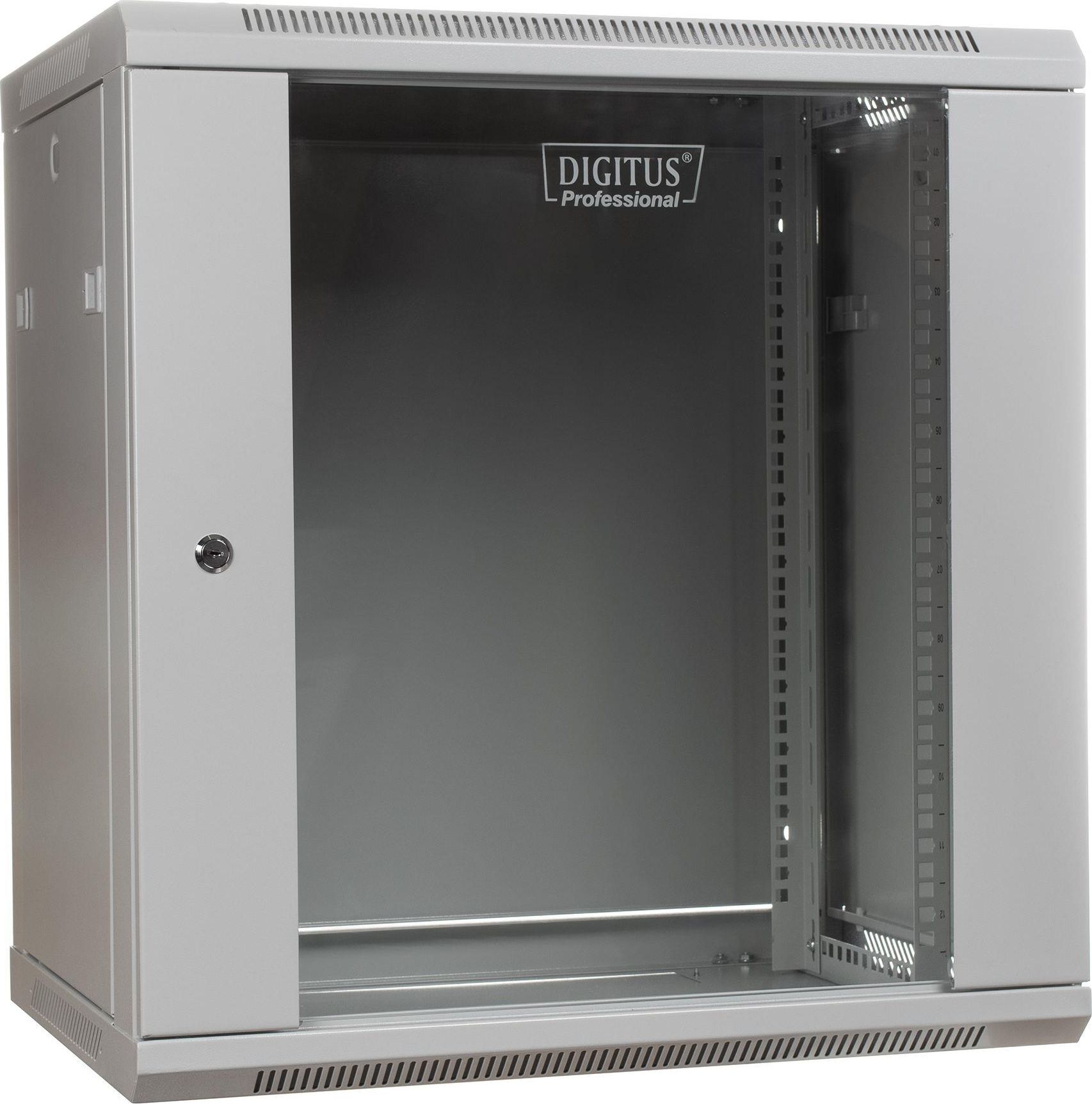 Wall mount cabinet 19 12U 635/600/450mm, glass door, grey (RAL 7035)