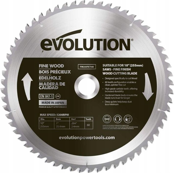 Evolution Pila widiowa do ciecia drewna Fine wood 255mm / 60z do pil ukosnych EVO-FW255TCT-60 (0849713090928) Elektriskais zāģis
