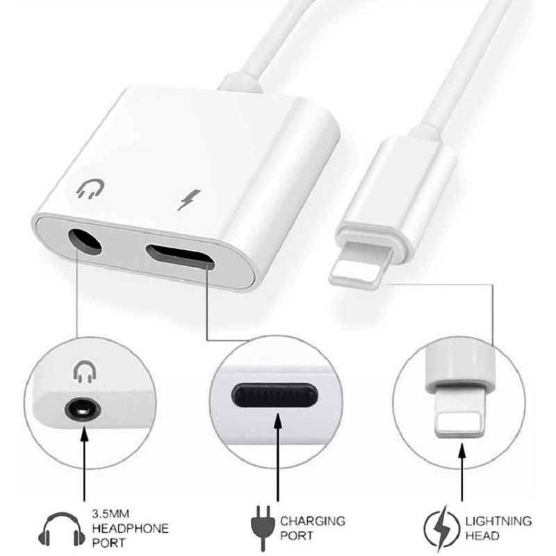 Riff J-009 Lightning kabeļu adapteris uz 3.5mm austiņu ligzdu + Lightning Uzlādes ligzdu Balts