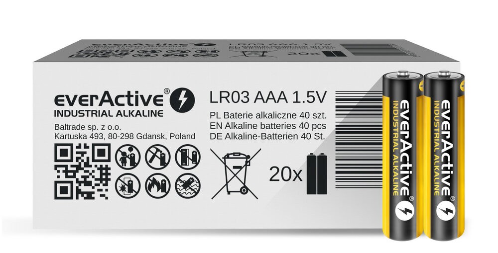 Alkaline batteries everActive Industrial Alkaline LR03 AAA  - carton box - 40 pieces Baterija