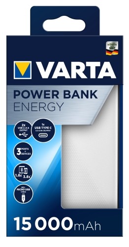 Varta Power Bank Energy 15000 15.000mAh, 2x USB A, 1x USB C Powerbank, mobilā uzlādes iekārta