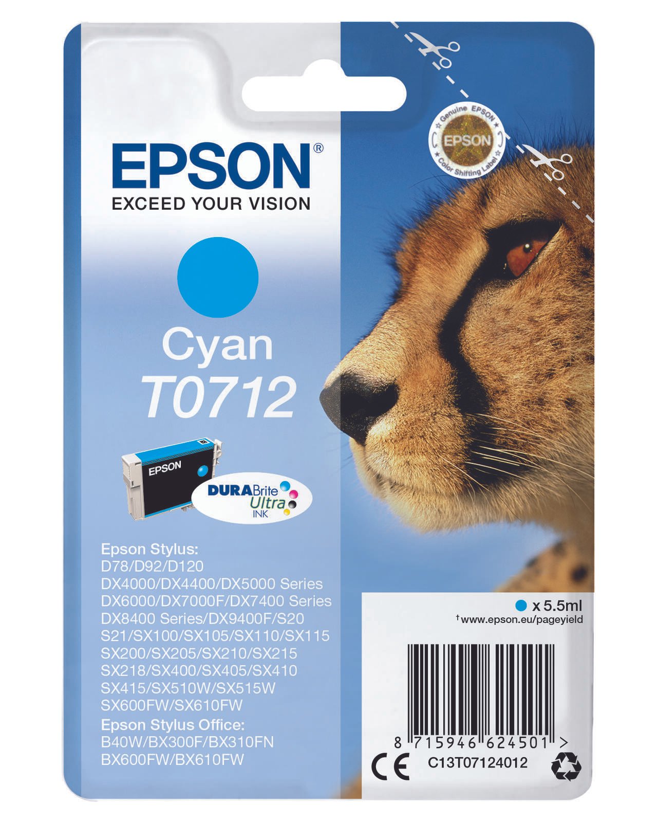 Ink Epson T0712 cyan DURABrite | Stylus D78/92/120/DX4000/4050/4400/4450/500... kārtridžs