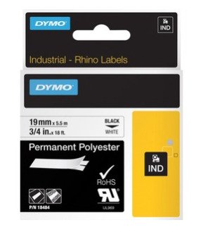 DYMO Registered  Original IND-Schriftband fur Rhino Trademark  Permanent Polyester 19mm x 5,5m - schwarz auf weiss papīrs
