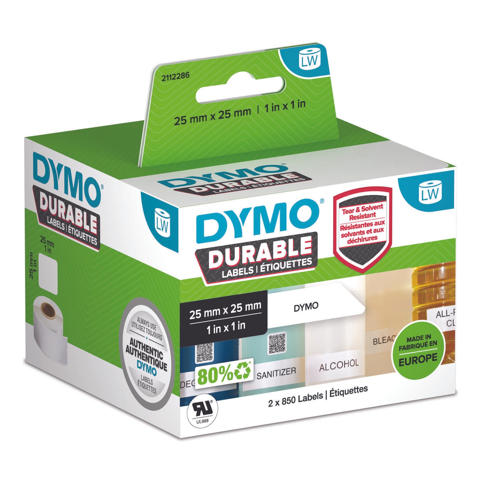 DYMO Registered  Original Etikett fur LabelWriter Trademark  25mm x 25mm (weis, permanent haftend, 2 Rollen a 850 Etiketten) papīrs