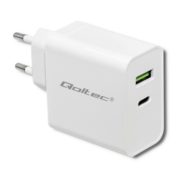 Qoltec 51718 Charger | 42W | 5-20V | 2.4-3A | USB type C PD | USB | White iekārtas lādētājs