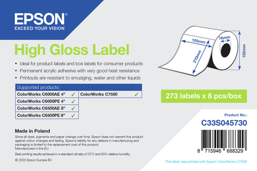 EPSON HIGH GLOSS LABEL DIE-CUT 105MMX210MM 273 LABELS uzlīmju printeris