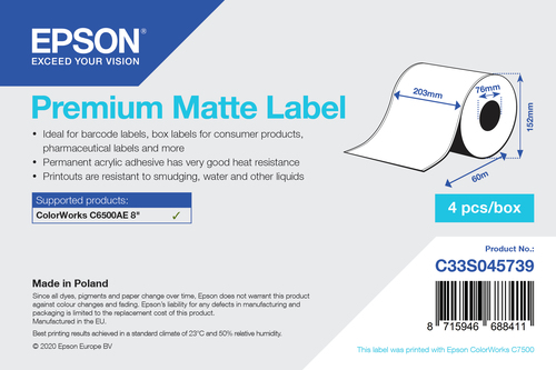 EPSON PREMIUM MATTE LABEL CONTINUOUS ROLL 203MMX60M uzlīmju printeris