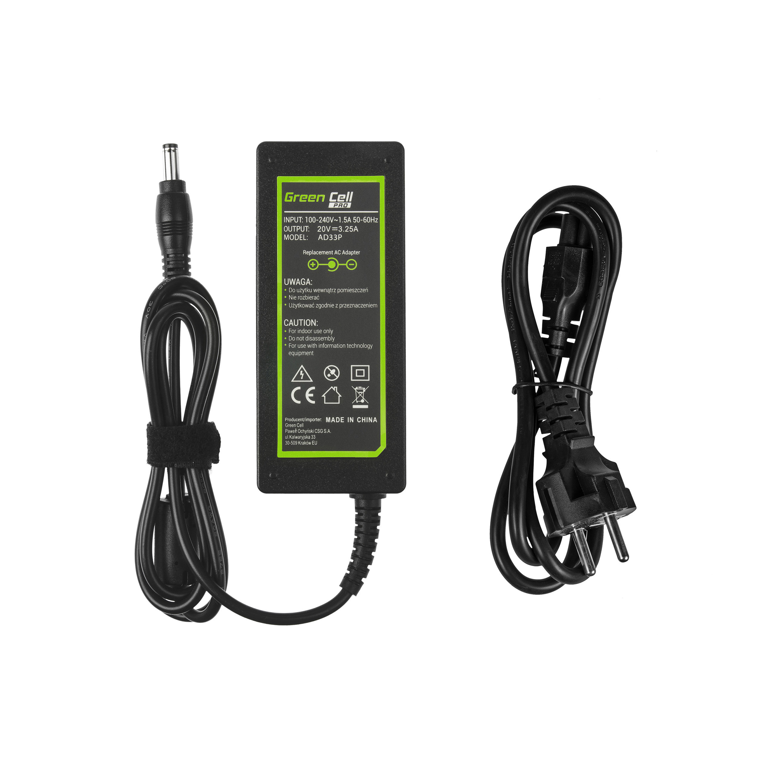 Green Cell PRO Charger AC Adapter 20V 3.25A 65W for Lenovo B560 B570 G530 G550 portatīvo datoru lādētājs