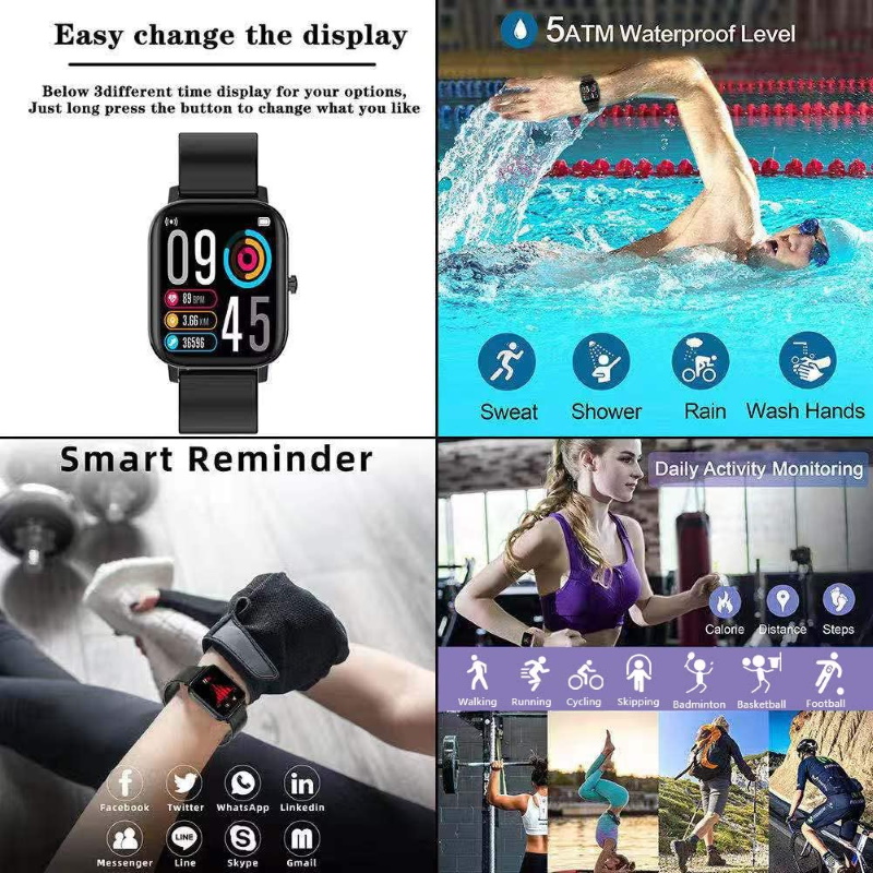 Riff T500 IPS Touch Alumīnija Sporta Smart Pulkstenis ar Pulsometru un Asins spiediena mērītāju Melns Viedais pulkstenis, smartwatch