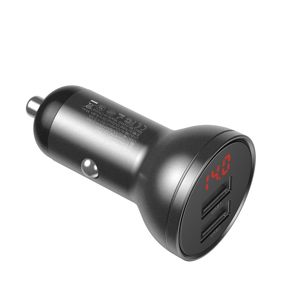 Car charger Baseus with display, 2x USB, 4.8A, 24W (gray) aksesuārs mobilajiem telefoniem