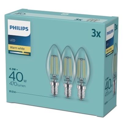 Philips Spuldzes LED 3gab. E14 230Vac 4.3W (40W) 470lm FILAMENT silti balta apgaismes ķermenis