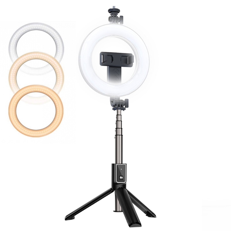 CP X2 LED 16cm Uzlādējama Selfie Lampa ar BT Pulti & Rokturi + Grīdas statīvu 20-90cm + Telefona stiprinājums Selfie Stick