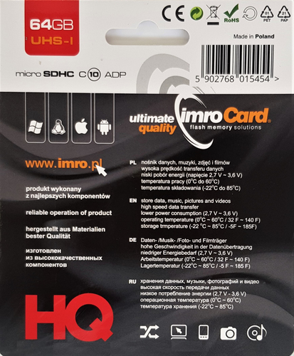 IMRO 10/64G UHS-I ADP memory card 64 GB MicroSDHC Class 10 atmiņas karte