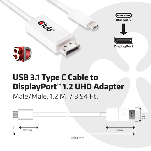 CLUB 3D USB 3.1 C to DP 1.2 UHD Male/Mal video karte