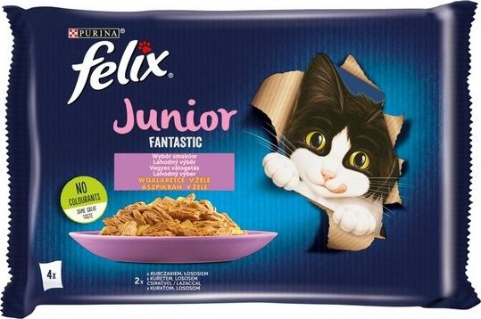 Nestle FELIX sasz.4x85g FANTASTIC JUNIOR KURCZAK, LOSOS w galaretce /12 12448336 (7613039757208) kaķu barība