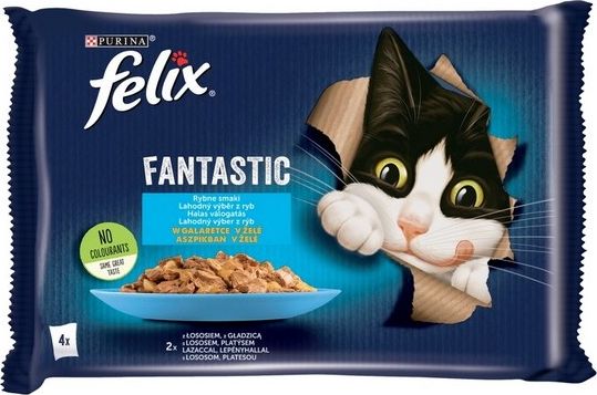 Nestle FELIX sasz.4x85g FANTASTIC RYBNE SMAKI Z WARZYWAMI w galaretce losos z cukinia, pstrag z zielona fasola /12 12448342 (7613039756973) kaķu barība