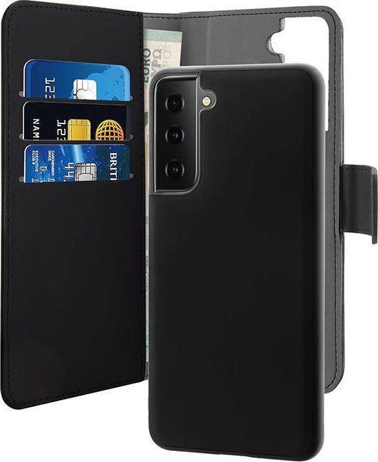 Puro Etui PURO Wallet Detachable 2w1 Samsung Galaxy S21 FE (czarny) maciņš, apvalks mobilajam telefonam