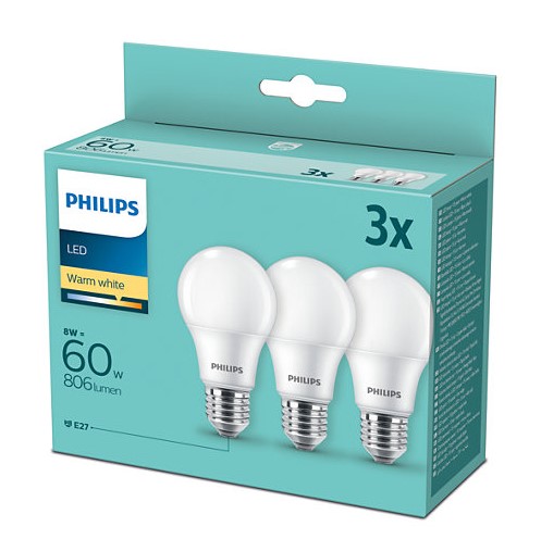 Philips, E27, 60W, 3 gab - LED spuldze 60W E27 Warm white, 3 pcs apgaismes ķermenis