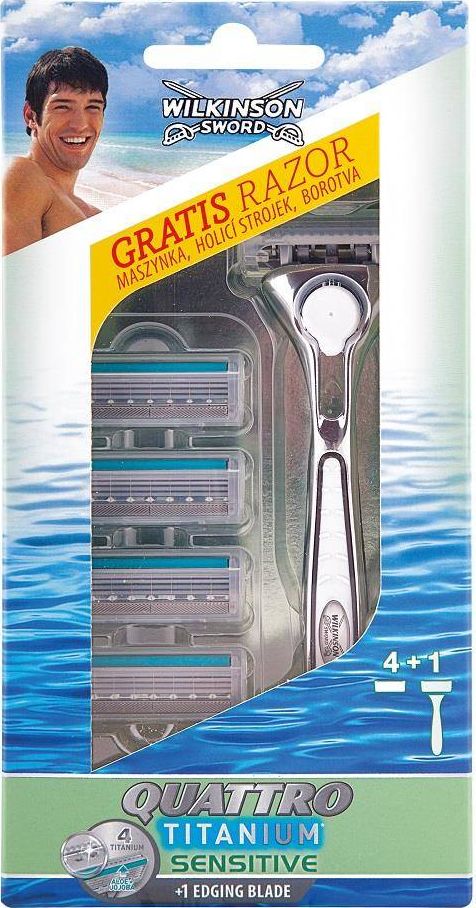 Wilkinson  Quattro Titanium Sensitive maszynka do golenia z wymiennymi ostrzami 1szt + wklady 4szt 4027800299805 (4027800299805) vīriešu skuvekļu piederumi