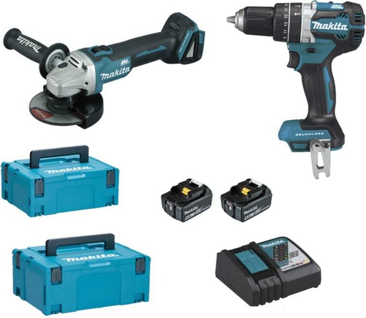 MAKITA DLX2210TJ1 18V LXT 2 PIECE BRUSHLESS DGA506 ANGLE GRINDER + DHP484 (KNOCK) DRILL SET WITH 2 X 5.0AH BATTERIES  