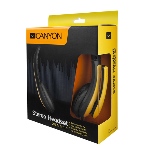 Canyon entry price PC headset, combined 3,5 plug, leather pads, Black-yellow austiņas