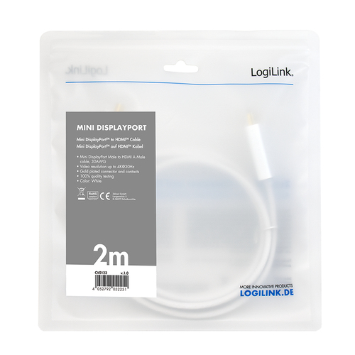 LOGILINK - Mini DisplayPort to HDMI, 4K, white, 2m kabelis, vads