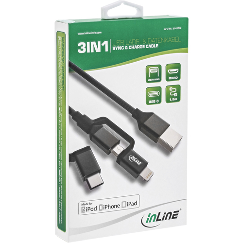 InLine 3-in-1 - USB Cable - USB (M) to Micro-USB Type B (M) - USB2.0 - 1.5m - Black (31415S) kabelis, vads