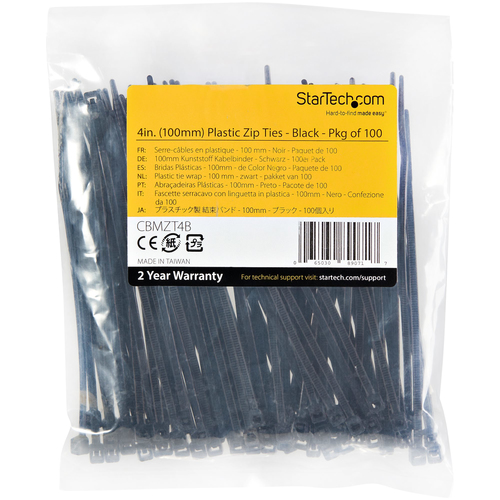 STARTECH 100 PACK 4 CABLE TIES -BLACK NYLON ZIP TIE WRAPS UL TAA