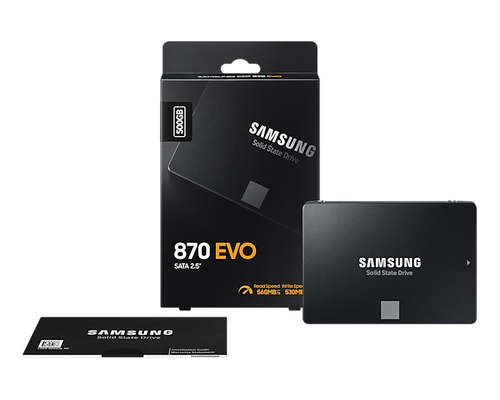 Samsung SSD 870 EVO 500 GB, SSD form factor 2.5", SSD interface SATA III, Write speed 530 MB/s, Read speed 560 MB/s SSD disks