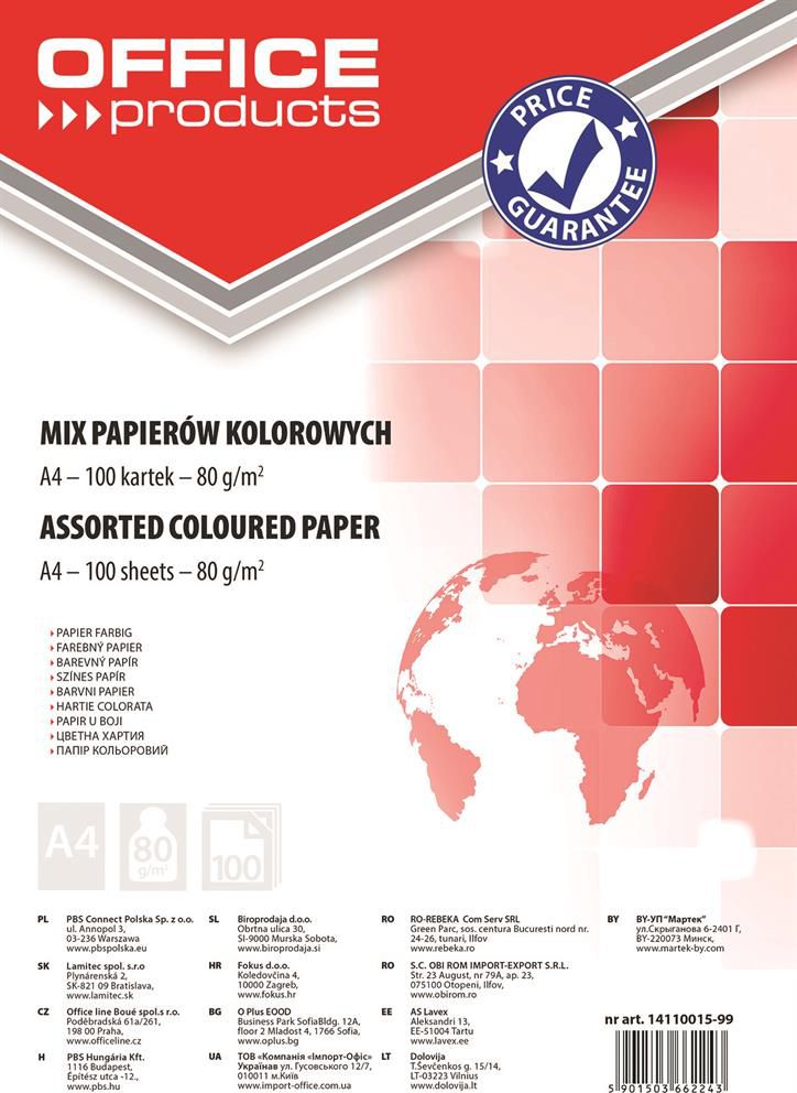 Office Products Papier ksero A4 80g mix kolorow 100 arkuszy 5901503662243 (5901503662243) papīrs