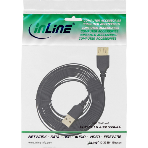 Kabel USB InLine UltraPlaski przedluzacz Typ A meski - A zenski pozlacany Black 1m (34610F) USB kabelis