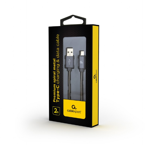 Gembird Premium spiral metal Type-C USB charging and data cable,2m,metallic-grey USB kabelis