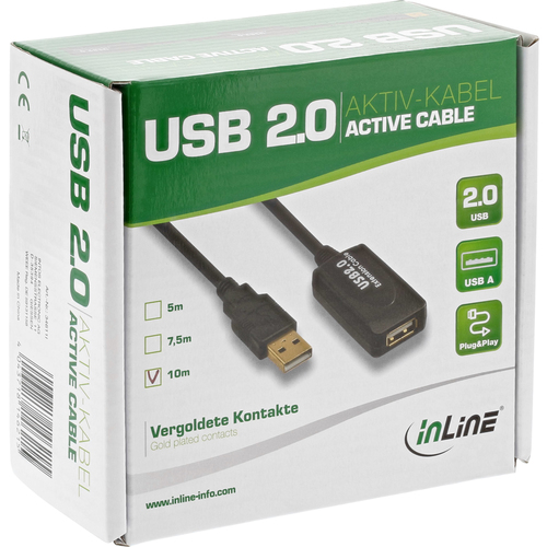 InLine 34611I USB 2.0 Aktiv-Verlangerung USB2.0 Typ A Stecker an USB2.0 Typ A Buchse 10 m black USB kabelis