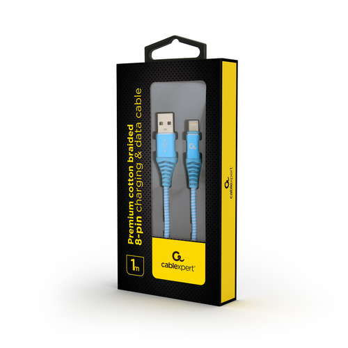 Gembird Premium cotton braided 8-pin charging and data cable, 1m, turquoise/whit USB kabelis